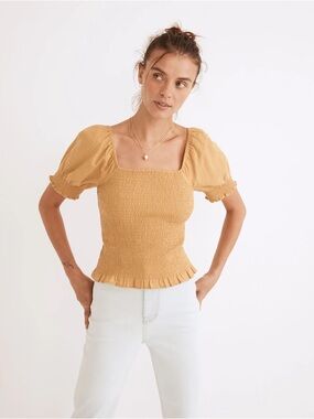Madewell‎ Lucie Puff-Sleeve Smocked Bodice Top Earthen Gold Women's XS